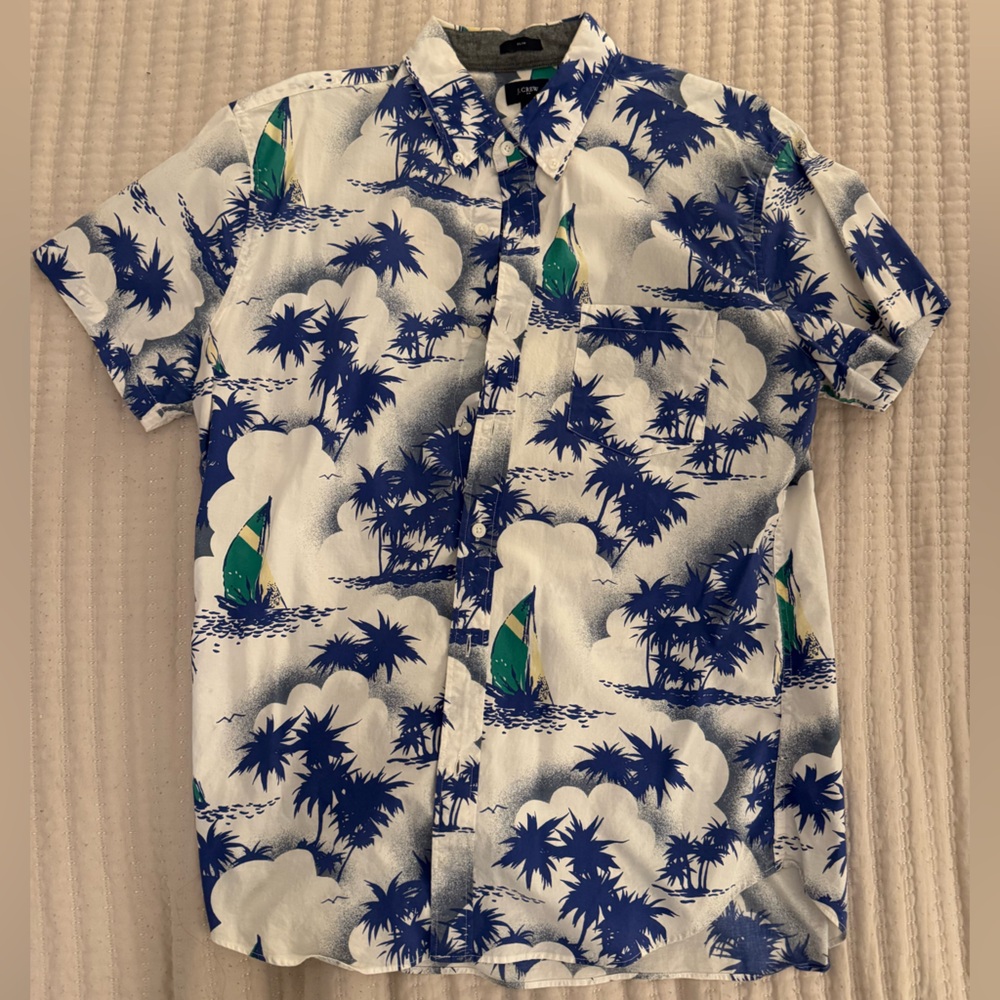 J. Crew Navy and Emerald Palm Print Shirt
